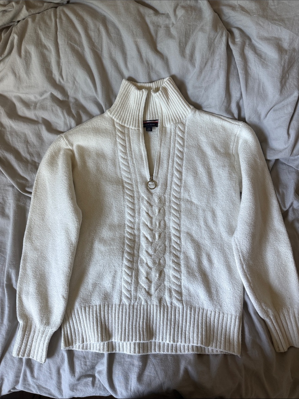 Tommy Hilfiger White Cable-Knit Half-Zip Turtleneck Sweater